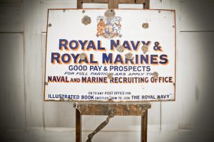 Royal Navy & Royal Marines weathered recruitment sign in rustic enamel